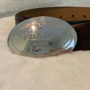 Prada saffiano silver buckle brown leather belt